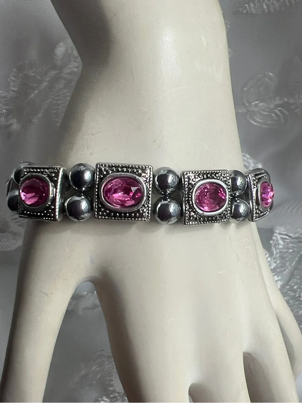 Silver-Tone Bracelet with Pink Gem Accents